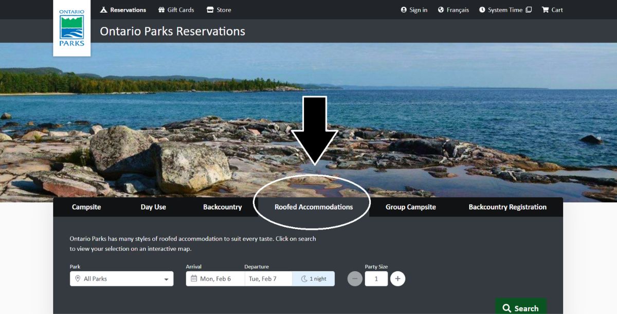 ontario parks reservations screenshot | Dog-Friendly Ontario Parks Roofed Accommodations