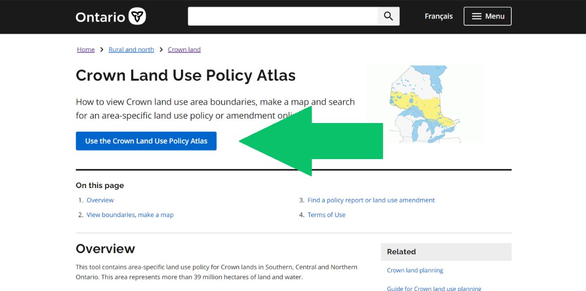 government of ontario website screenshot | How to Find Free Camping with the Crown Land Atlas