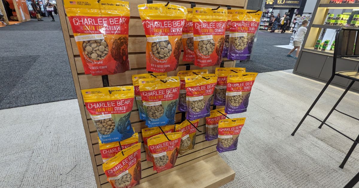 Charlee Bear Dog Treats on a retail rack | 12 Coolest Pet-Friendly Outdoor Travel Products We Found at SuperZoo